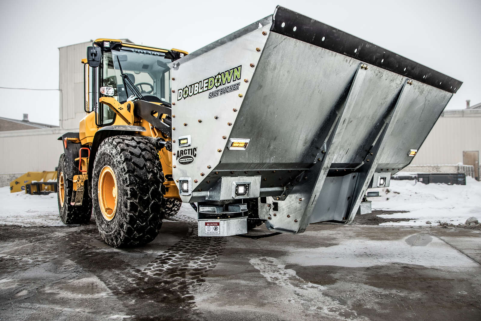 3-yard DoubleDown salt bucket on a loader in Western Canada, designed for Arctic Snow and Ice Control