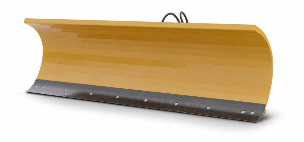 Yellow heavy-duty snow plow blade with reinforced cutting edge for efficient snow removal