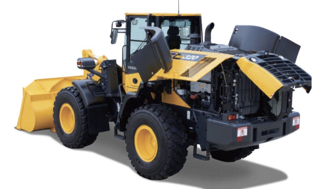 Komatsu WA320 wheel loader with open maintenance compartments, highlighting easy access for servicing and maintenance